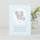 Graue Elefantenmutter & Baby-Junge duschen hellbla Einladung (Stehend Vorderseite)