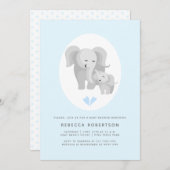 Graue Elefantenmutter & Baby-Junge duschen hellbla Einladung (Vorne/Hinten)