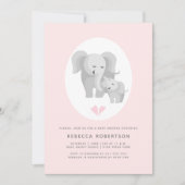 Graue Elefantenmutter und Baby-Junge duschen pink Einladung (Vorderseite)