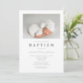 Graue Elegant Foto Boy Baptisse Einladung (Stehend Vorderseite)