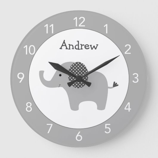 Graue Elephant Custom Kinderzimmer Round Clock Große Wanduhr (Vorderseite)