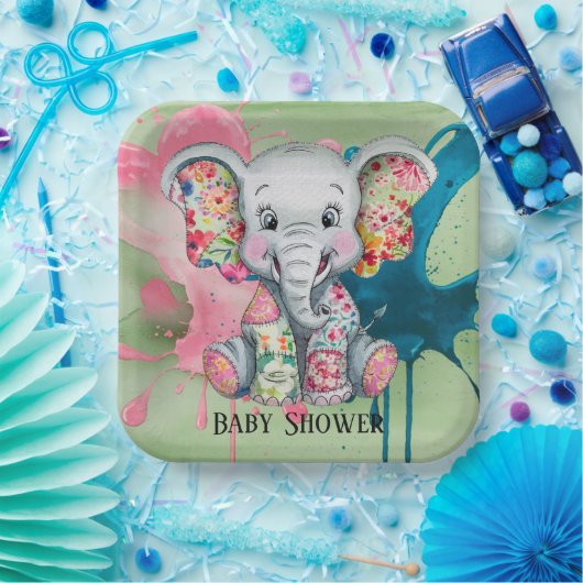 Graue Elephant Sewn Floral Patchwork Kinderdusche Pappteller (Party)