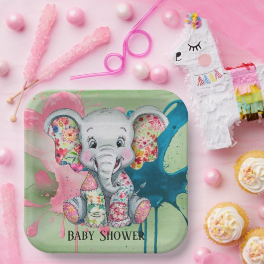 Graue Elephant Sewn Floral Patchwork Kinderdusche Pappteller (Party)