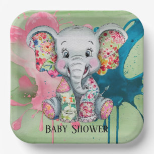 Graue Elephant Sewn Floral Patchwork Kinderdusche Pappteller