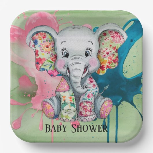 Graue Elephant Sewn Floral Patchwork Kinderdusche Pappteller (Vorderseite)