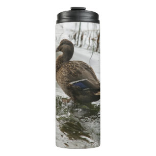 Graue Ente auf dem dunklen See Thermosbecher