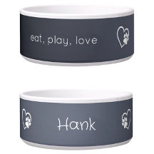 Graue 'essen, spielen, lieben' Hunde-Namensschale