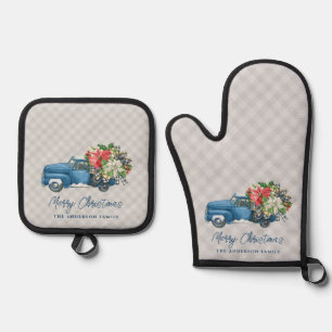 Graue Farmhaus-Karodecke Vintage Blue Weihnachtswa Ofenhandschuh & Topflappen-Set