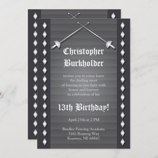 Graue Fencing Geburtstagsparty Einladung (Vorne/Hinten)