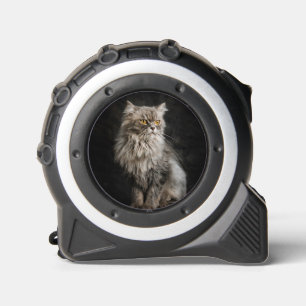 Graue flauschige Katze Maßband