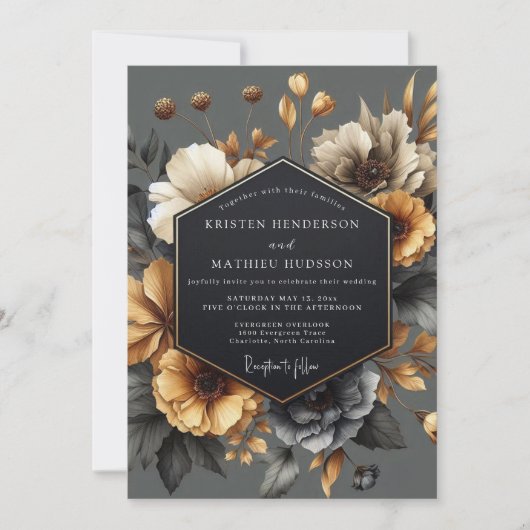 Graue Florale Herbstromanze Hochzeit Einladung (Vorderseite)