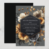 Graue Florale Herbstromanze Hochzeit Einladung (Vorne/Hinten)
