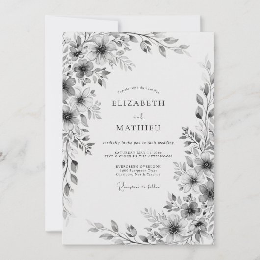 Graue Florale Hochzeit Einladung (Vorderseite)