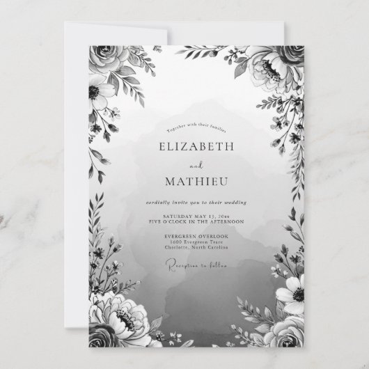 Graue Florale Hochzeitsromantik Einladung (Vorderseite)