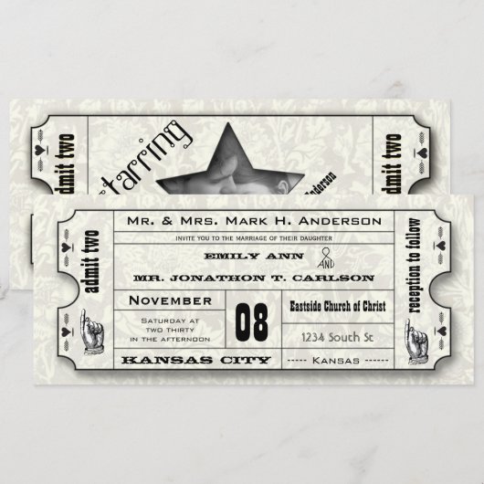 Graue florale Moderne Typografie Ticket Hochzeit Einladung (Vorne/Hinten)