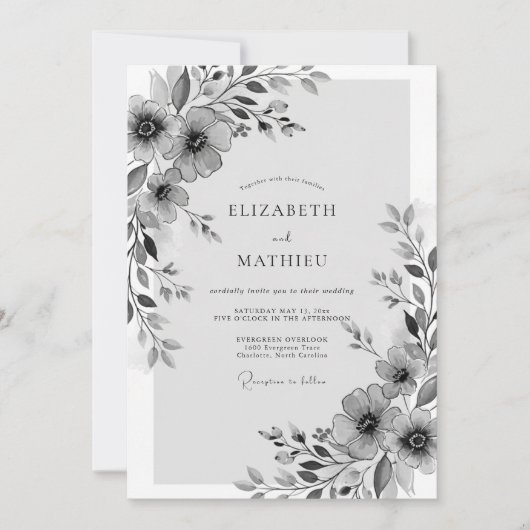 Graue Florale Whimsical-Hochzeit Einladung (Vorderseite)