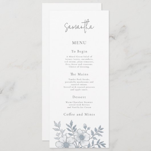 Graue Florals Wedding Menu Card mit Gast Name Einladung (Vorne/Hinten)