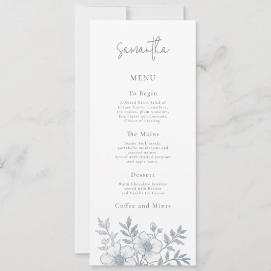Graue Florals Wedding Menu Card mit Gast Name Einladung (Vorderseite)