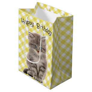 Graue Geburtstagskatze auf Gingham Mittlere Geschenktüte