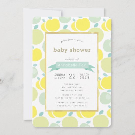 Graue gelbe Apple Muster Kinderdusche Einladung (Vorderseite)