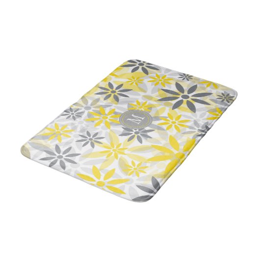 Graue gelbe Blume Grafikmuster Badematte (Schrägansicht)