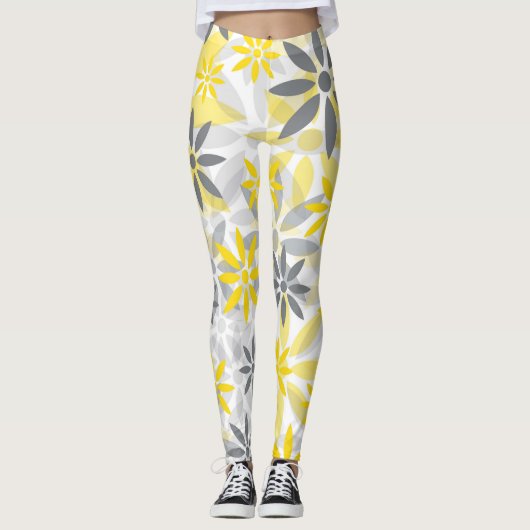 Graue gelbe Blume Grafikmuster Leggings (Vorderseite)