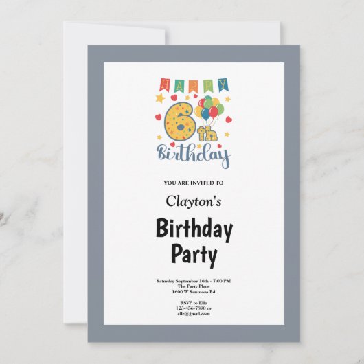 Graue Gerahmte 6. Geburtstagsparty Einladung (Vorderseite)
