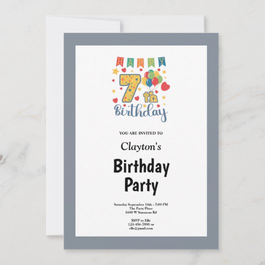 Graue Gerahmte 7. Geburtstagsparty Einladung (Vorderseite)