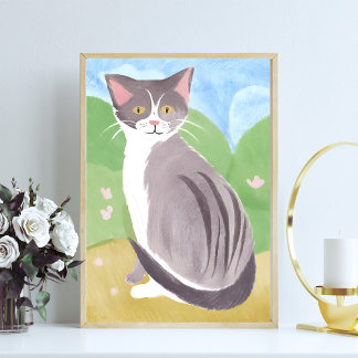 Graue getigerte Katze | Aquarellmalerei Poster
