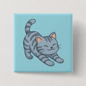 Graue getigerte Katze in Blau beim Strecken Button (Vorderseite)