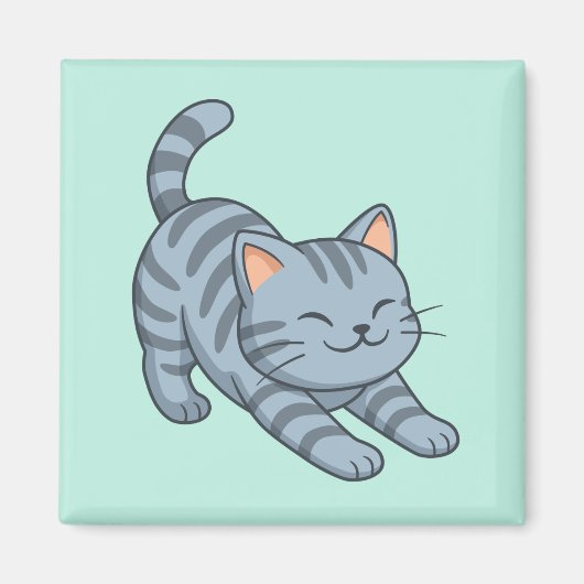Graue getigerte Katze in Grün beim Strecken Magnet (Vorne)