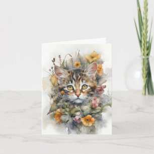 Graue getigerte Katze mit Blumen leere Grußkarte  Karte