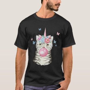 Graue getigerte Katze mit Bubble-Gum-Einhorn glück T-Shirt