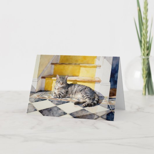 Graue getigerte Katzenstudie A in Aquarell Karte (Vorderseite)