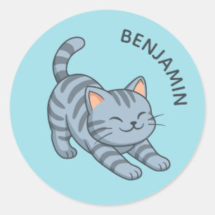 Graue getigerte Streckkatze mit blauem Namen Runder Aufkleber
