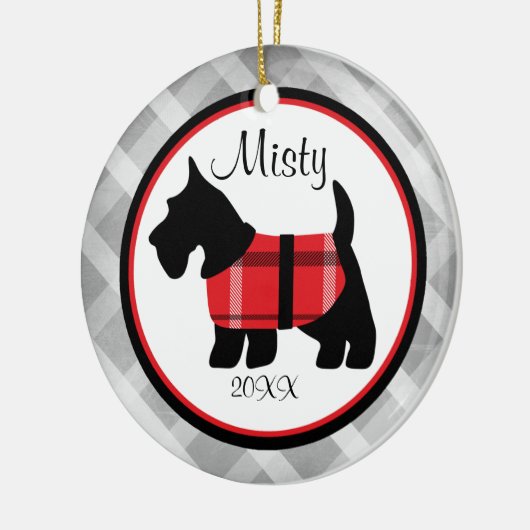 Graue Ginghamscottish-Terrier-Haustier-Verzierung Keramikornament (Links)