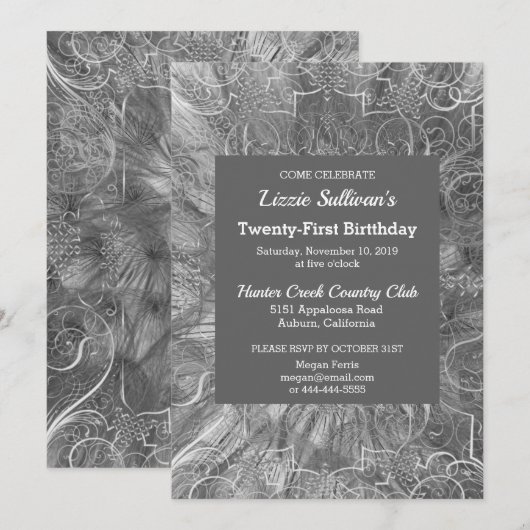 Graue Glitzy Birthday Einladung (Vorne/Hinten)