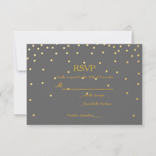Graue & goldene Folien-Konfetti-Punkte Hochzeit RS RSVP Karte