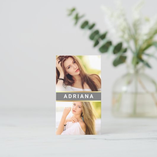 Graue goldene Modellschauspielerin QR Code 2 FotoC Visitenkarte (Stehend Vorderseite)