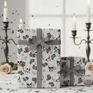 Graue Gothic-Skulls und -Rose Geschenkpapier