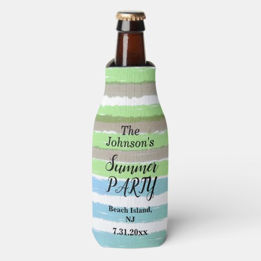 Graue grüne blaue Wasserfarbe Streifen Party Name Flaschenkühler (Flaschenvorderseite)