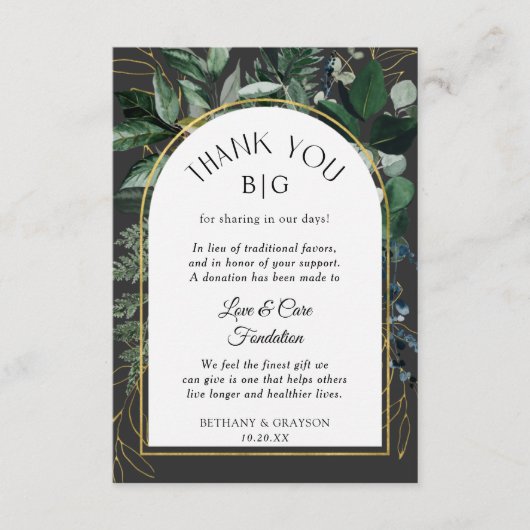 Graue Grünpflanzen-Gastgeschenk Hochzeit Hinweiskarte (Vorderseite)