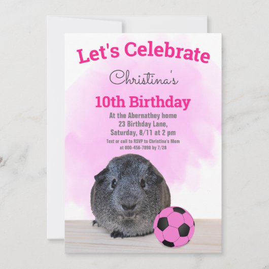 Graue Guinea Pig Girly Pink Fußball Ball Custom Einladung (Vorderseite)