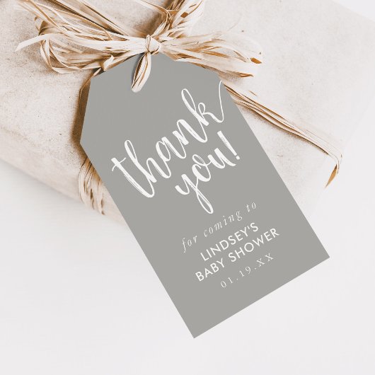 Graue, handgeschriebene Babydusche Vielen Dank für Geschenkanhänger