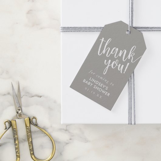 Graue, handgeschriebene Babydusche Vielen Dank für Geschenkanhänger
