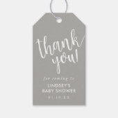 Graue, handgeschriebene Babydusche Vielen Dank für Geschenkanhänger (Vorderseite)