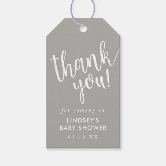 Graue, handgeschriebene Babydusche Vielen Dank für Geschenkanhänger (Vorderseite)