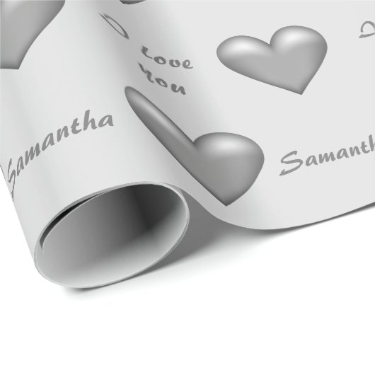 Graue Herzen & Benutzerdefiniert I Liebe Sie Text Geschenkpapier (Rolleneckpunkt)