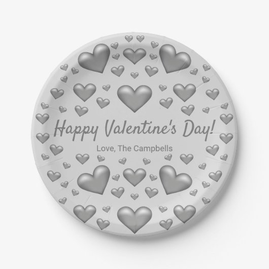 Graue Herzen Happy Valentine's Day & Custom Text Pappteller (Vorderseite)
