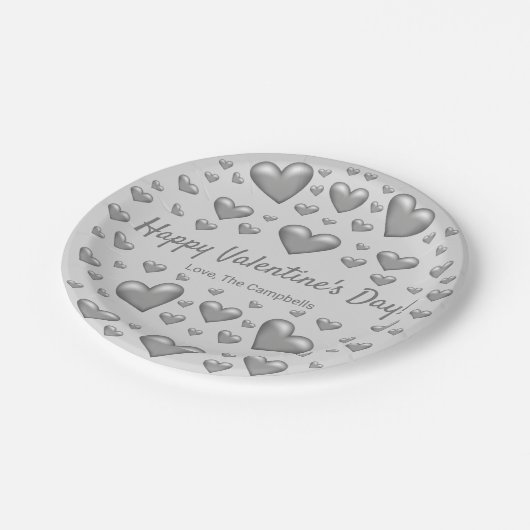 Graue Herzen Happy Valentine's Day & Custom Text Pappteller (Schrägansicht)